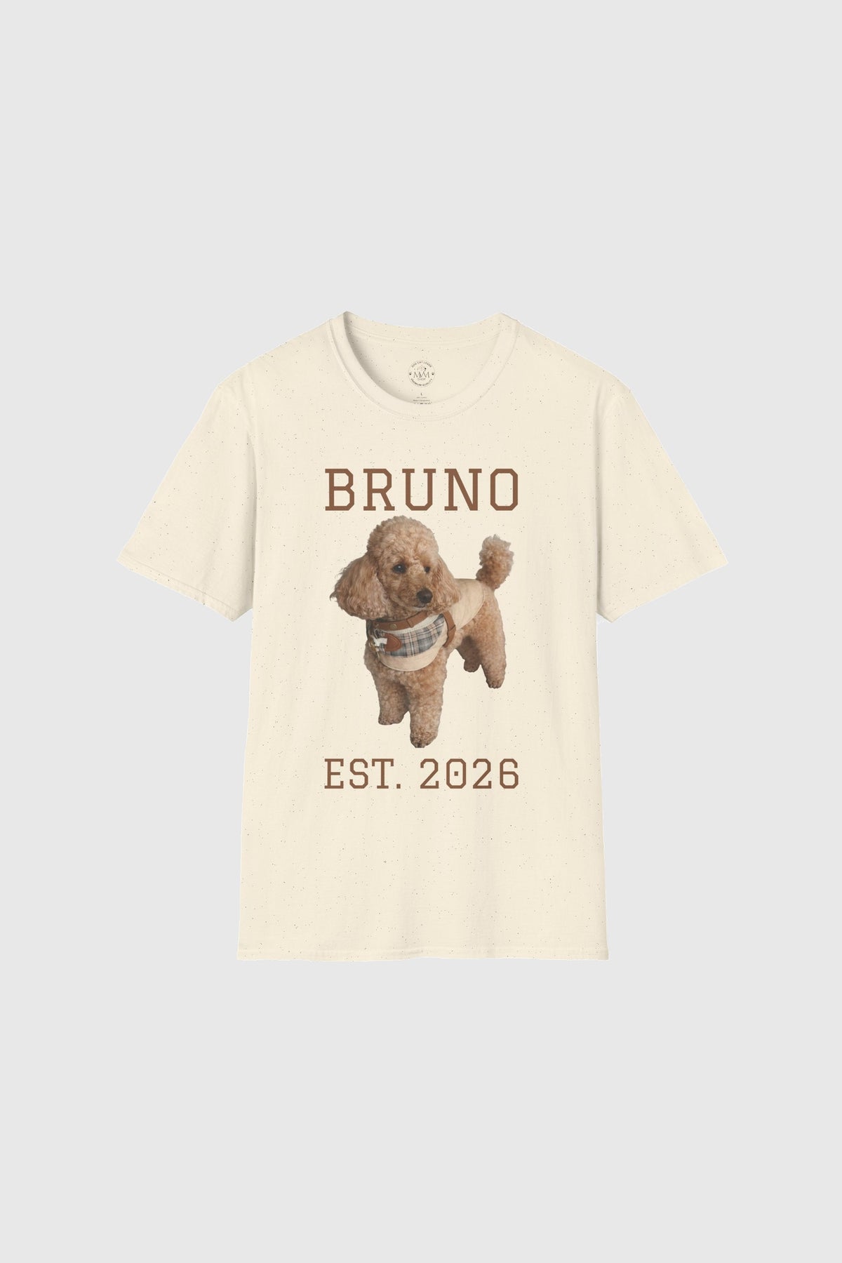 Man wearing white personalized dog t-shirt with custom name