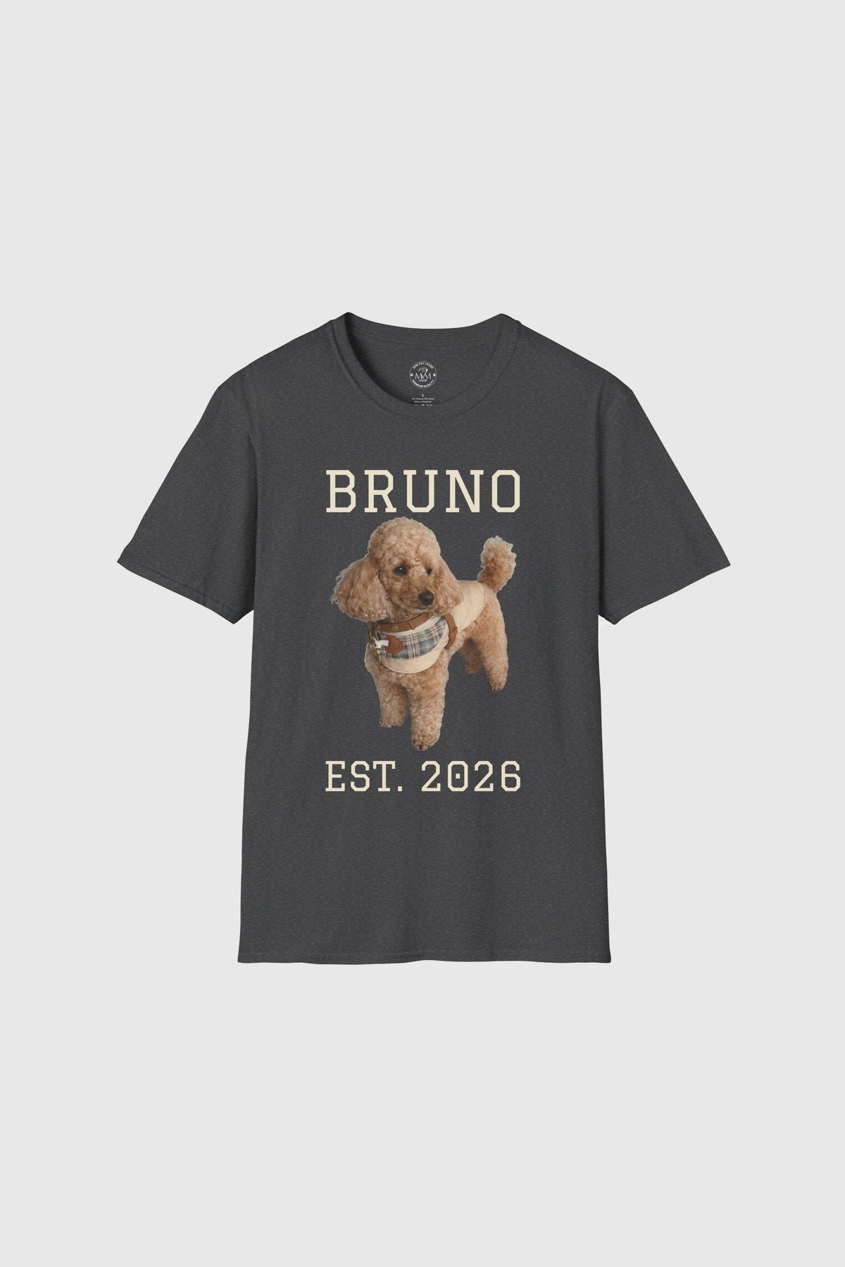 Man wearing white custom dog name graphic tee