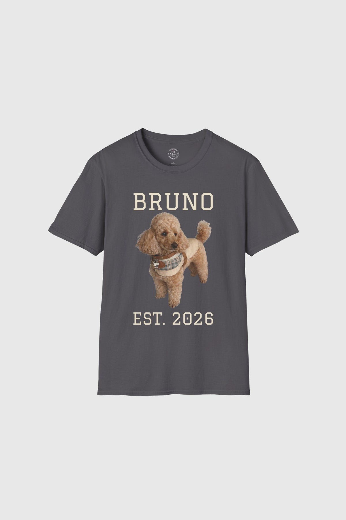 Black personalized t-shirt with custom dog name print, unisex crew neck