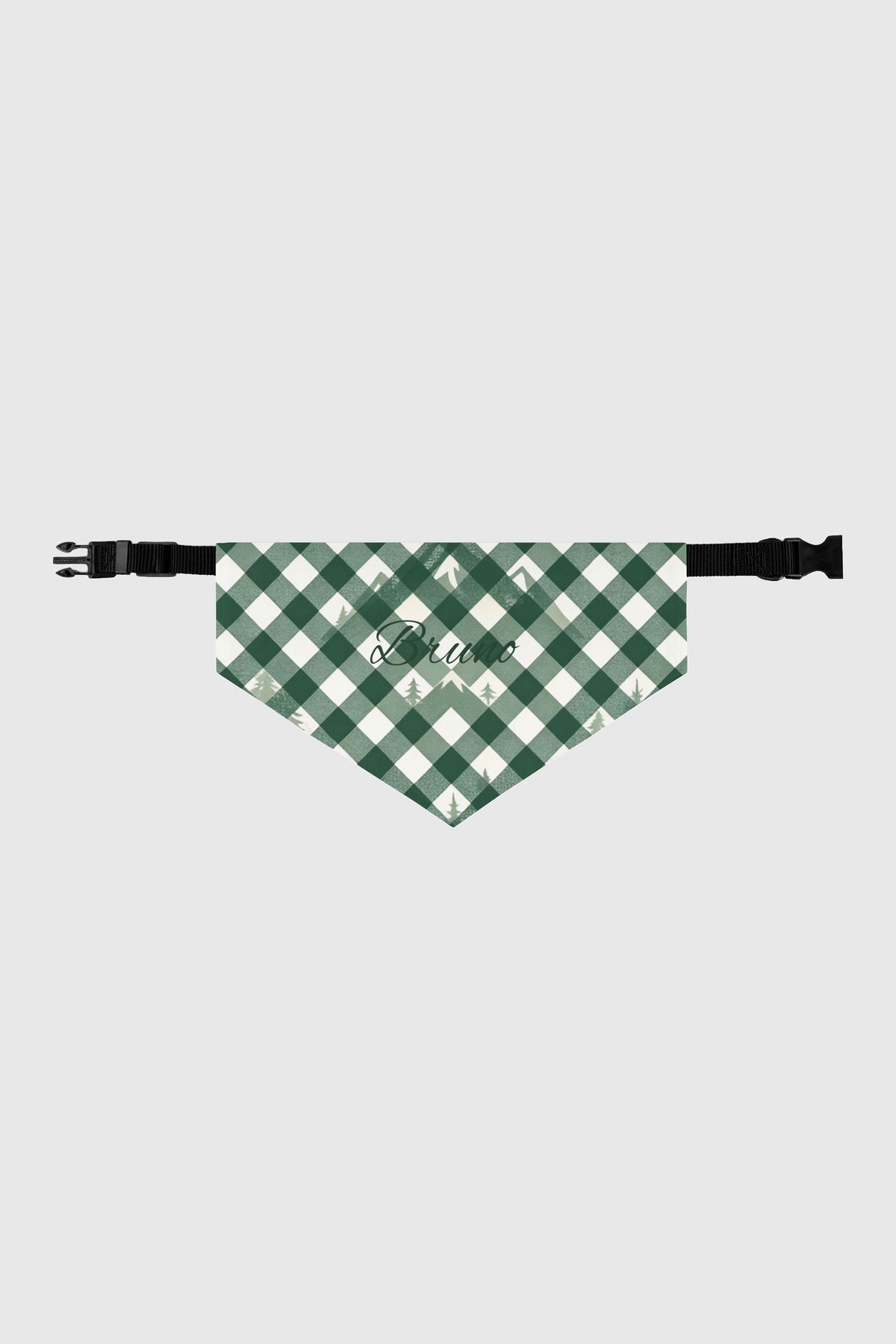 Custom name on green buffalo plaid dog bandana, triangle panel detail
