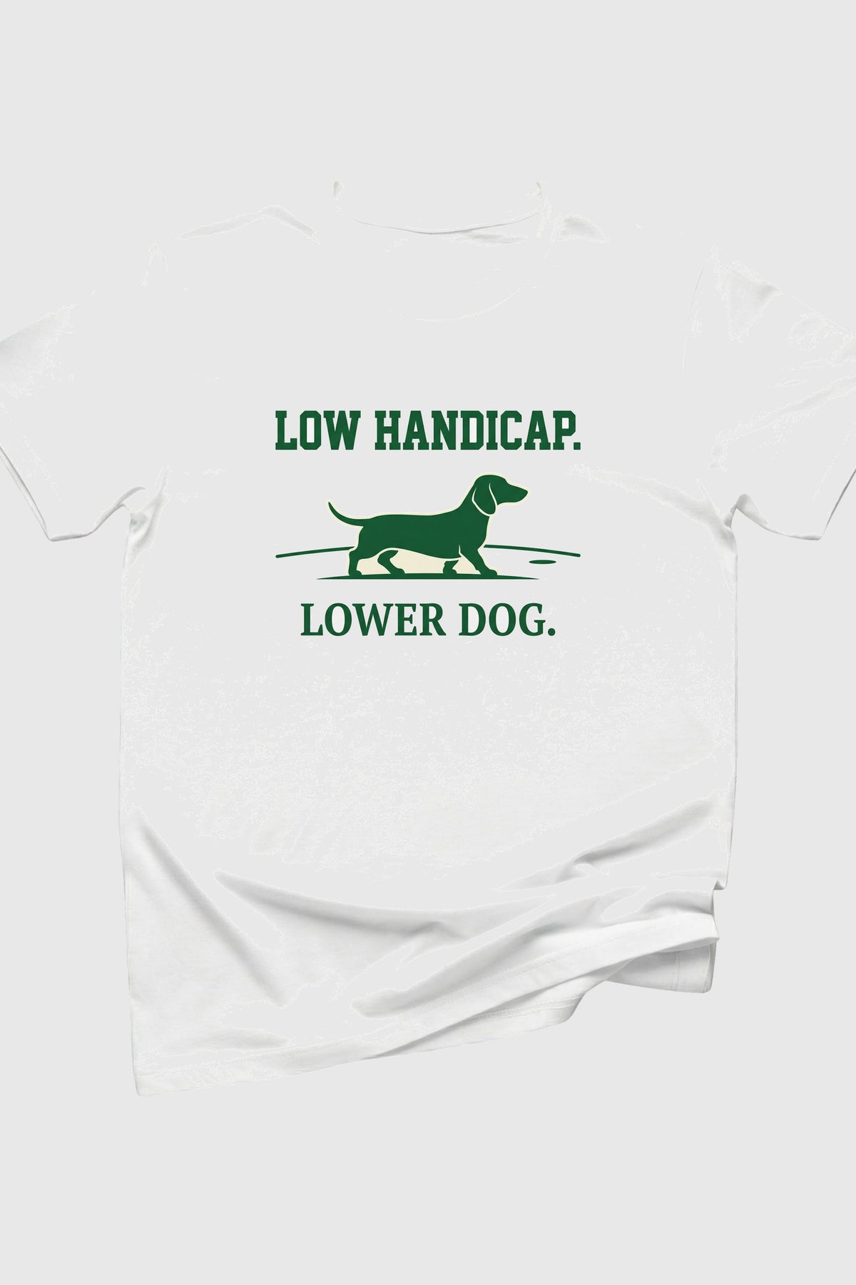 Woman wearing black dachshund golf t-shirt