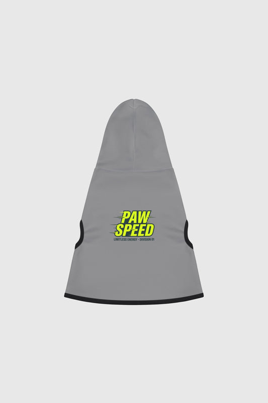 Dachshund wearing gray dog hoodie with paw speed design