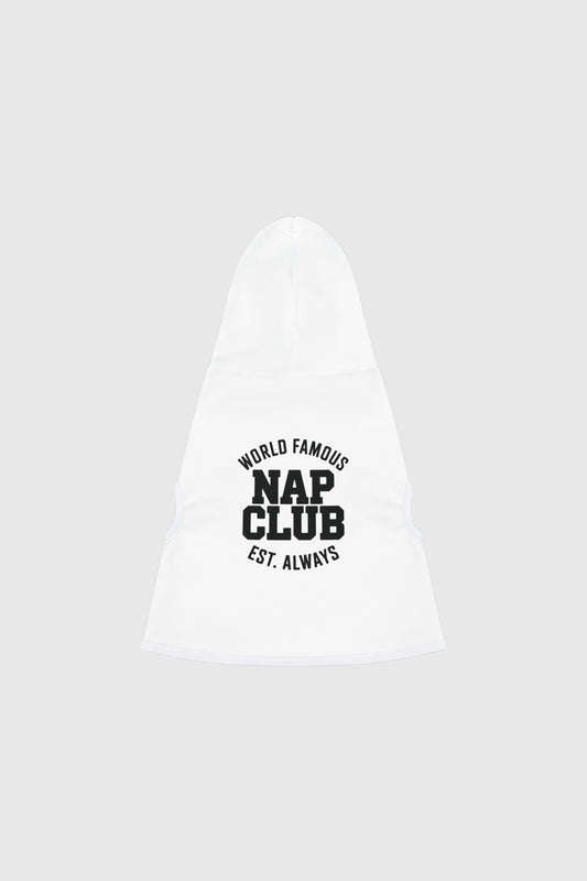 Dachshund wearing white world famous nap club dog hoodie
