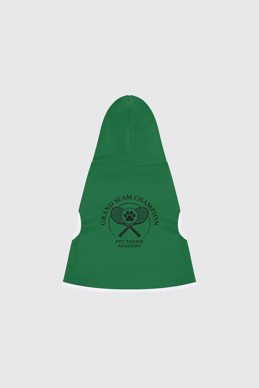 Dachshund wearing green grand slam champion dog hoodie
