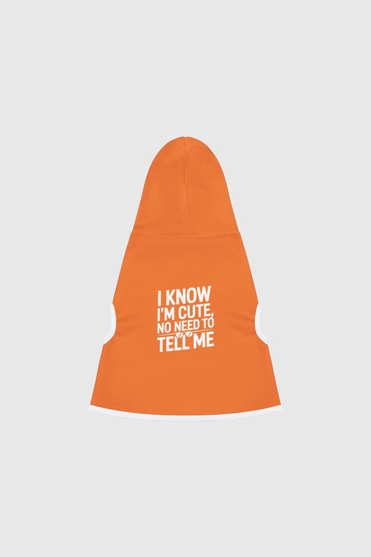 Dachshund wearing orange i know i'm cute dog hoodie