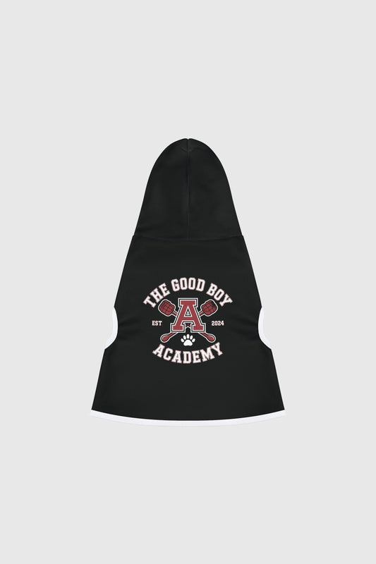Golden retriever wearing white the good boy academy dog hoodie