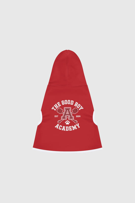 Golden retriever wearing red the good boy academy dog hoodie