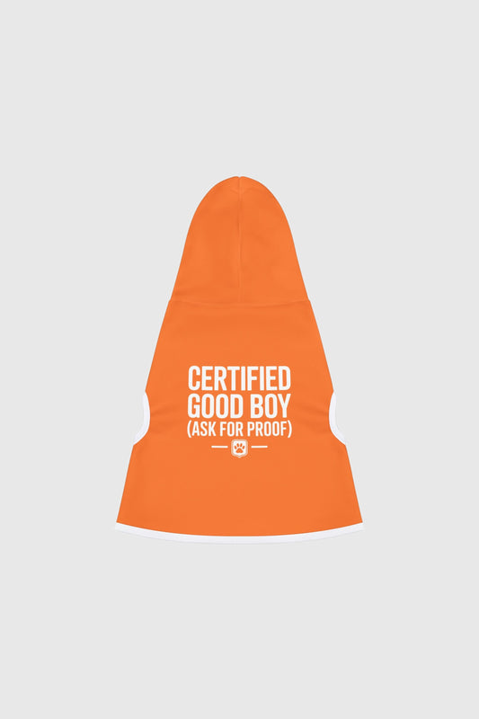 Dachshund wearing orange certified good boy dog hoodie