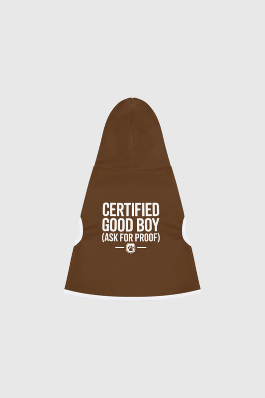 Dachshund wearing brown certified good boy dog hoodie