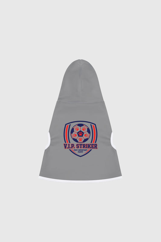 Border collie wearing light gray vip striker soccer dog hoodie