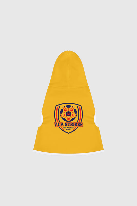 Border collie wearing yellow vip striker soccer dog hoodie