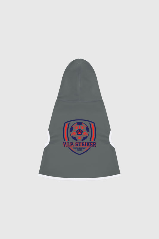 Border collie wearing gray vip striker soccer dog hoodie