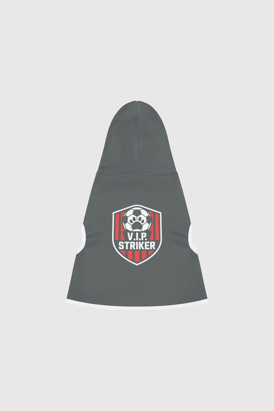 Border collie wearing dark gray vip striker soccer dog hoodie