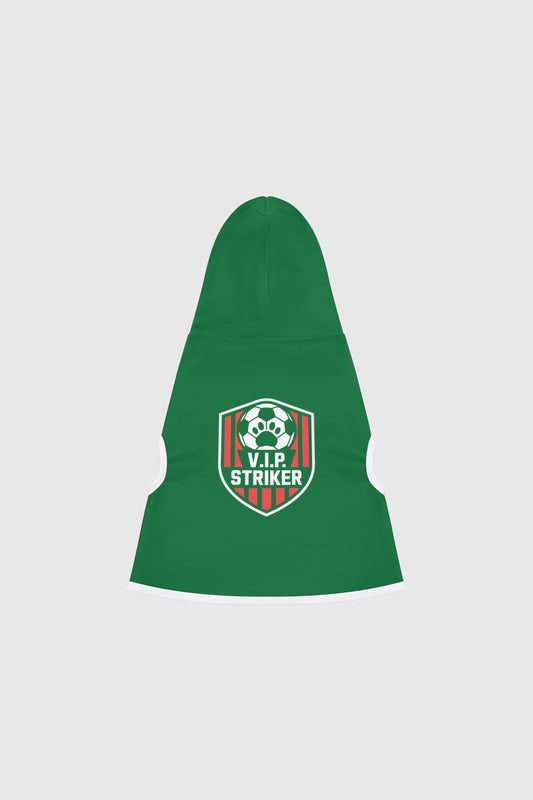 Border collie wearing green dog hoodie with VIP striker soccer print