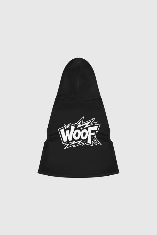 Dachshund wearing black dog hoodie with WOOF print