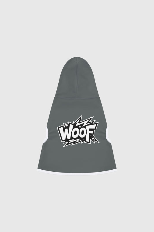 Dachshund wearing grey dog hoodie with WOOF print