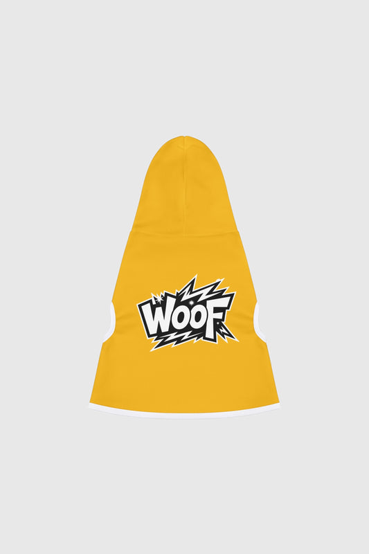 Dachshund wearing yellow dog hoodie with WOOF print