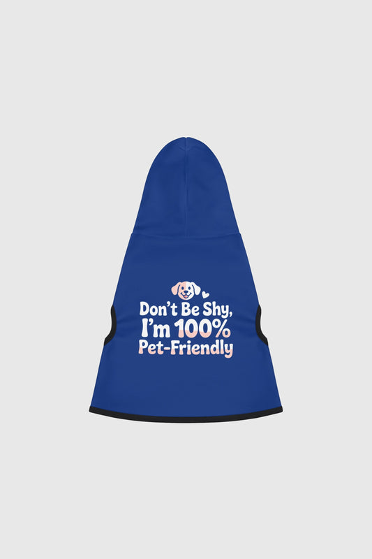 Dachshund wearing blue Don't Be Shy dog hoodie