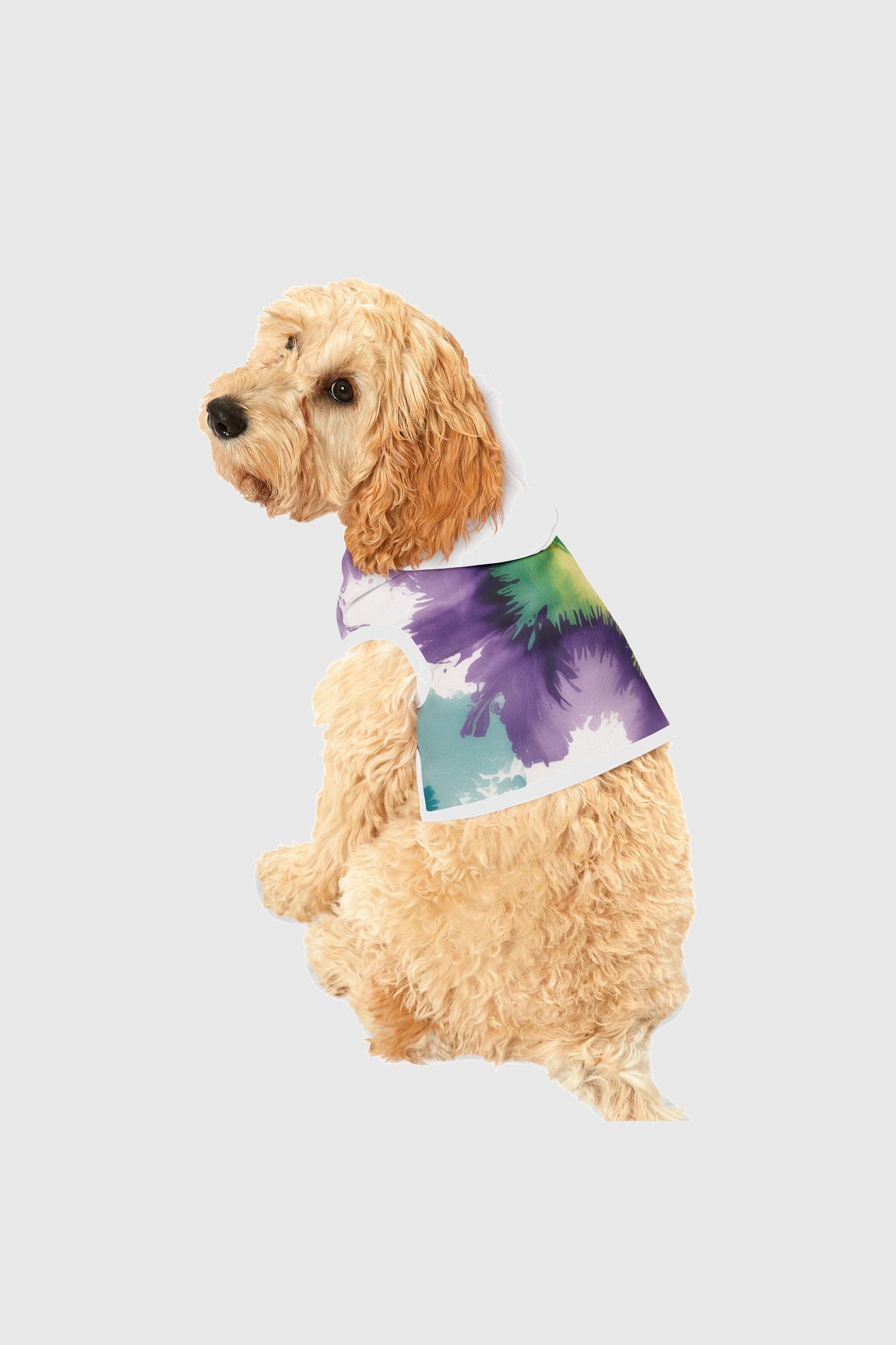 Tie-dye purple white dog hoodie, detail view