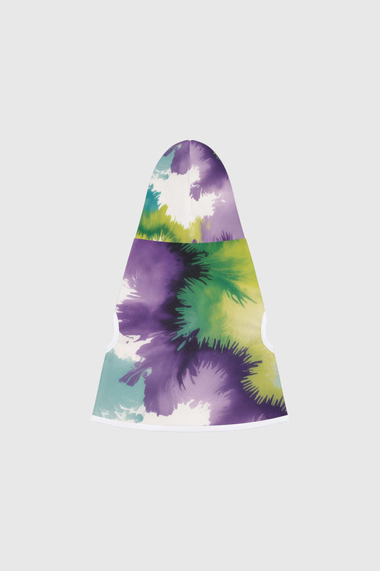 Dachshund wearing colorful tie-dye purple dog hoodie