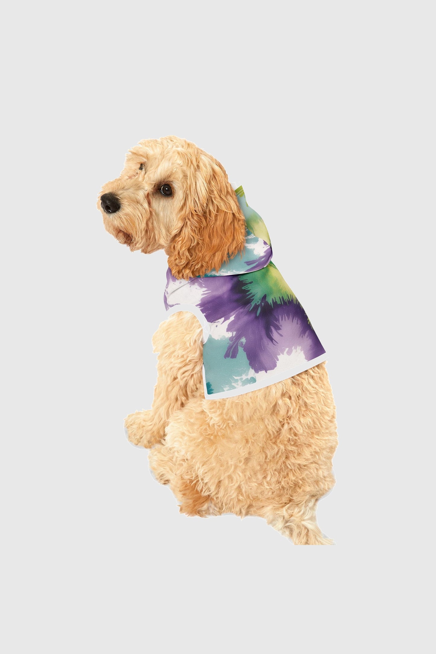 Colorful tie-dye purple dog hoodie, detail view