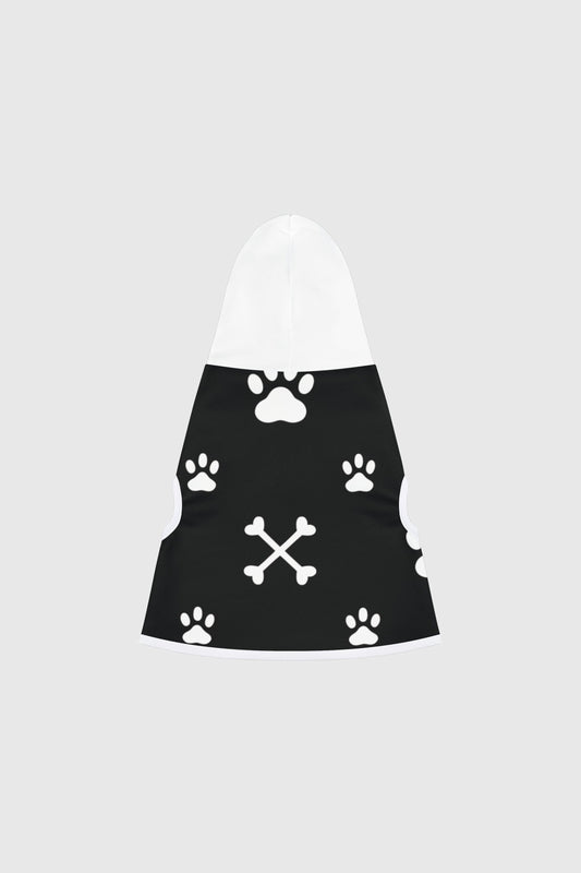 Dachshund wearing black paw print crossbones dog hoodie