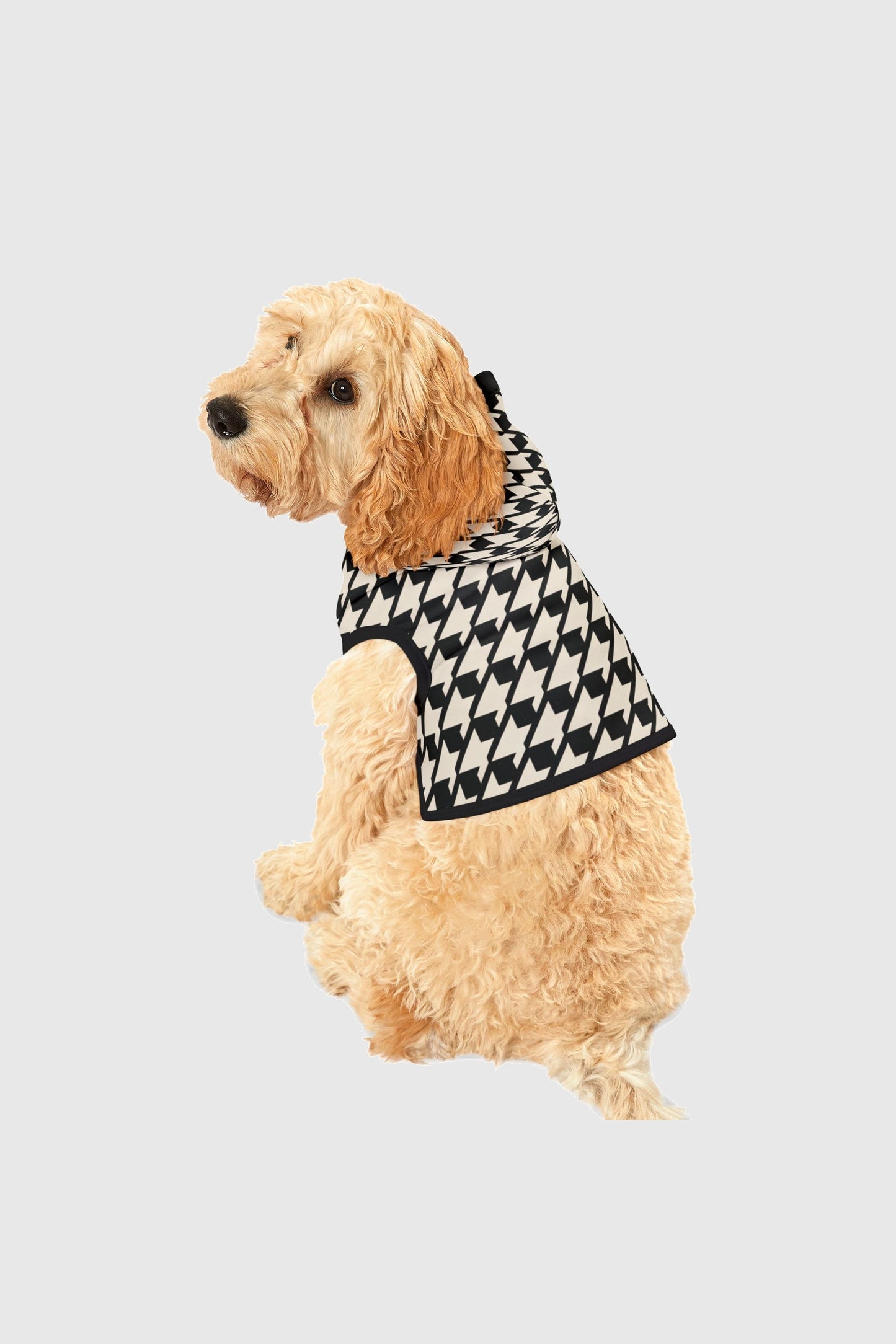 Black cream cozy dog sweater, side detail view