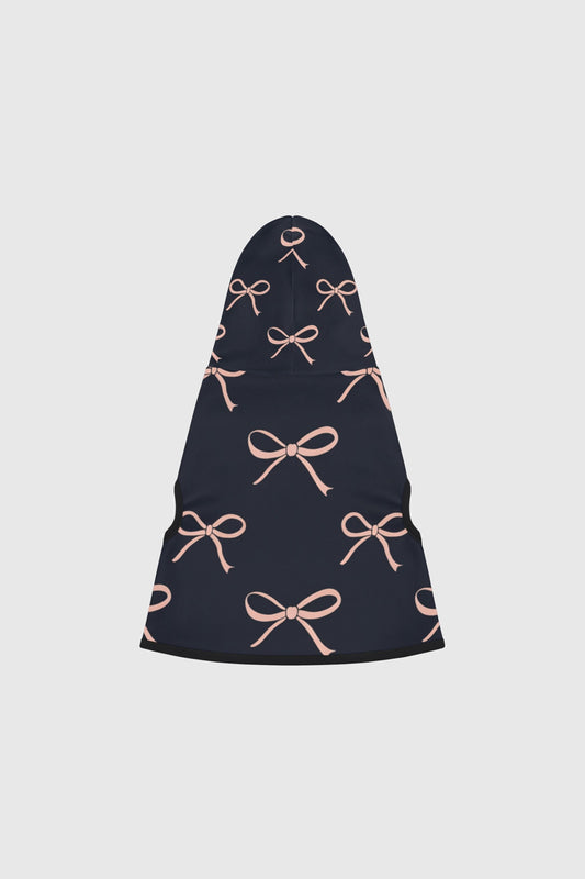 Dachshund wearing navy blush bow print dog hoodie