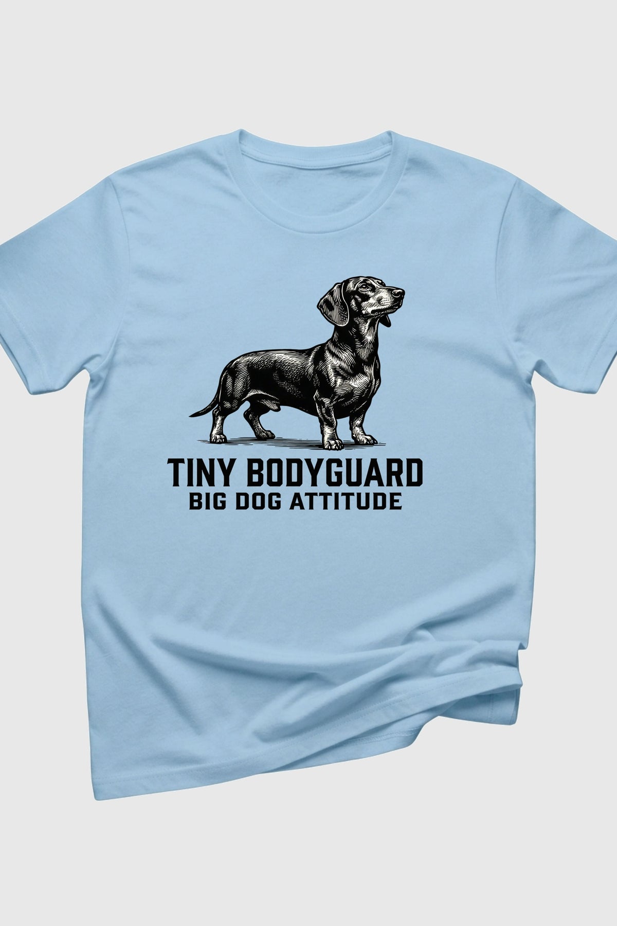 Heather gray t-shirt with Tiny Bodyguard Big Dog Attitude dachshund print, unisex crew neck