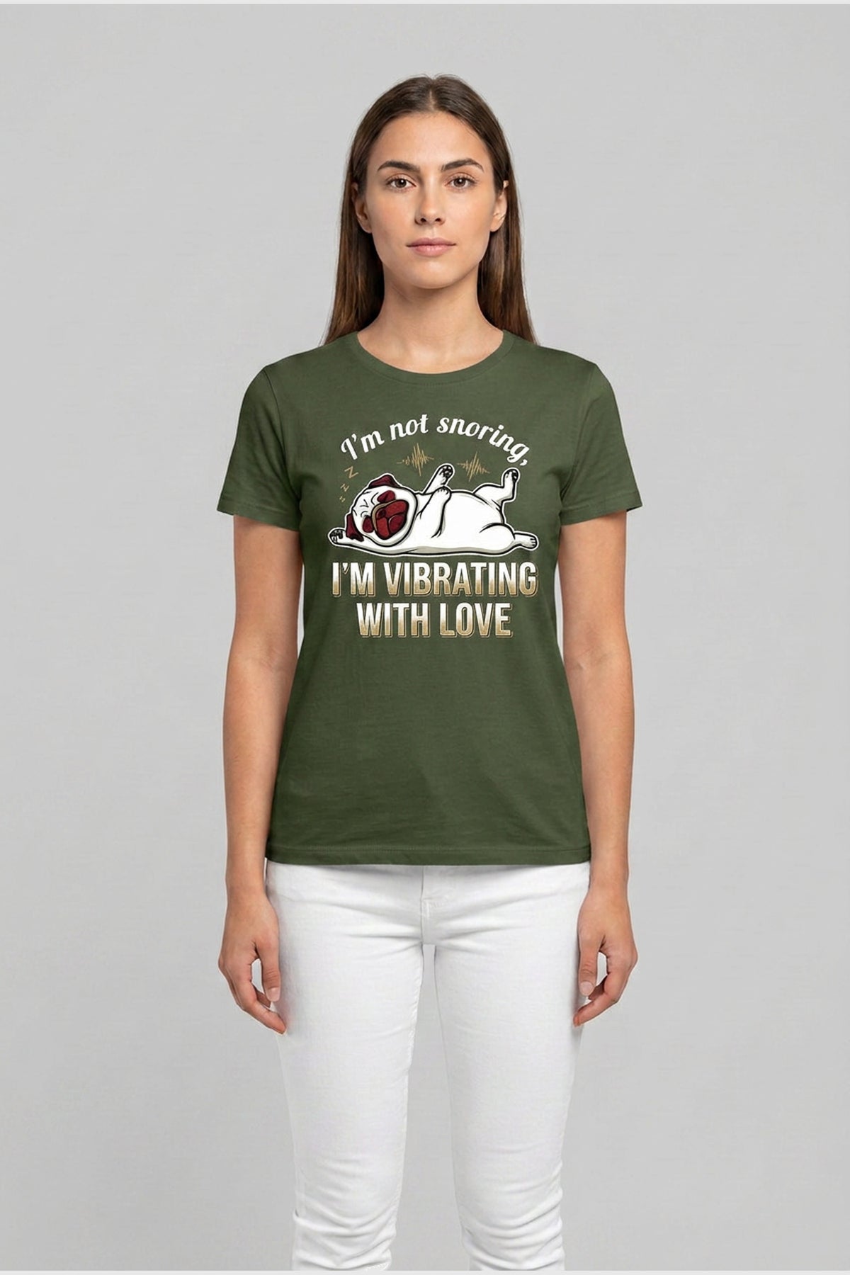 Woman wearing black pug snoring t-shirt