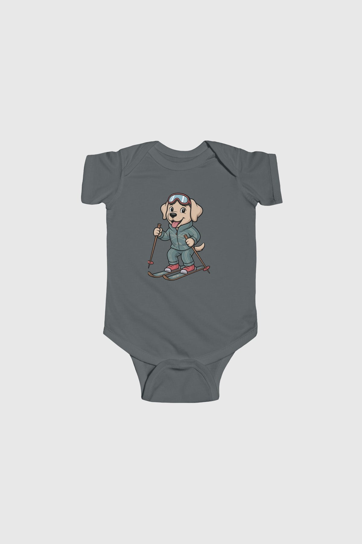 Baby wearing yellow skiing labrador puppy bodysuit