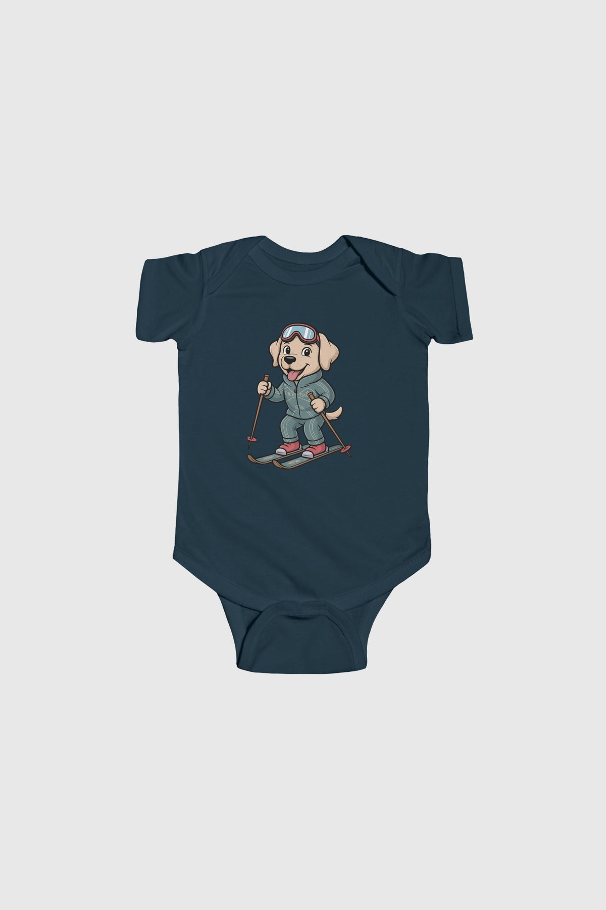 Light blue baby bodysuit with skiing labrador puppy print, snap closure