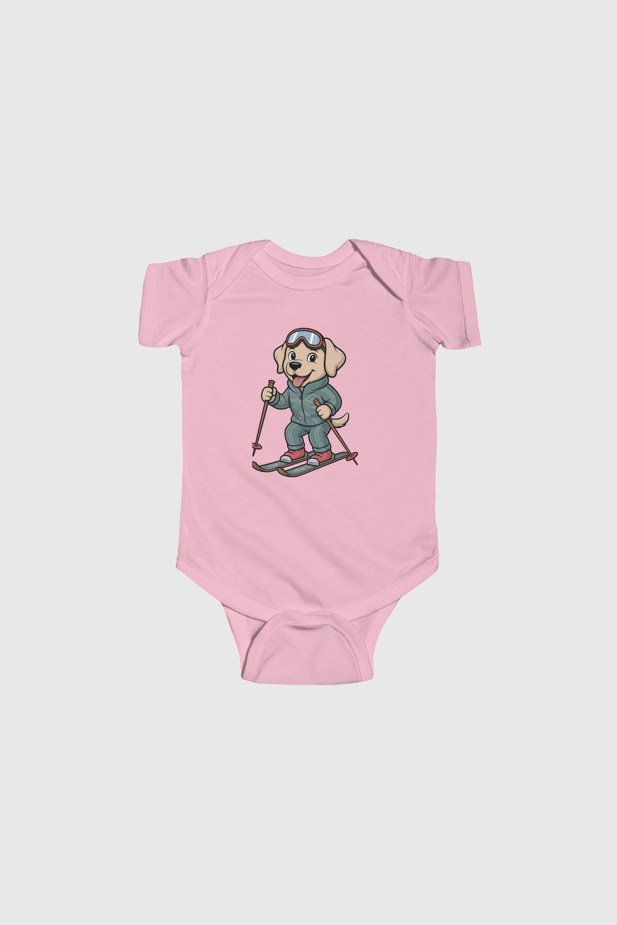 Baby wearing light blue skiing labrador bodysuit