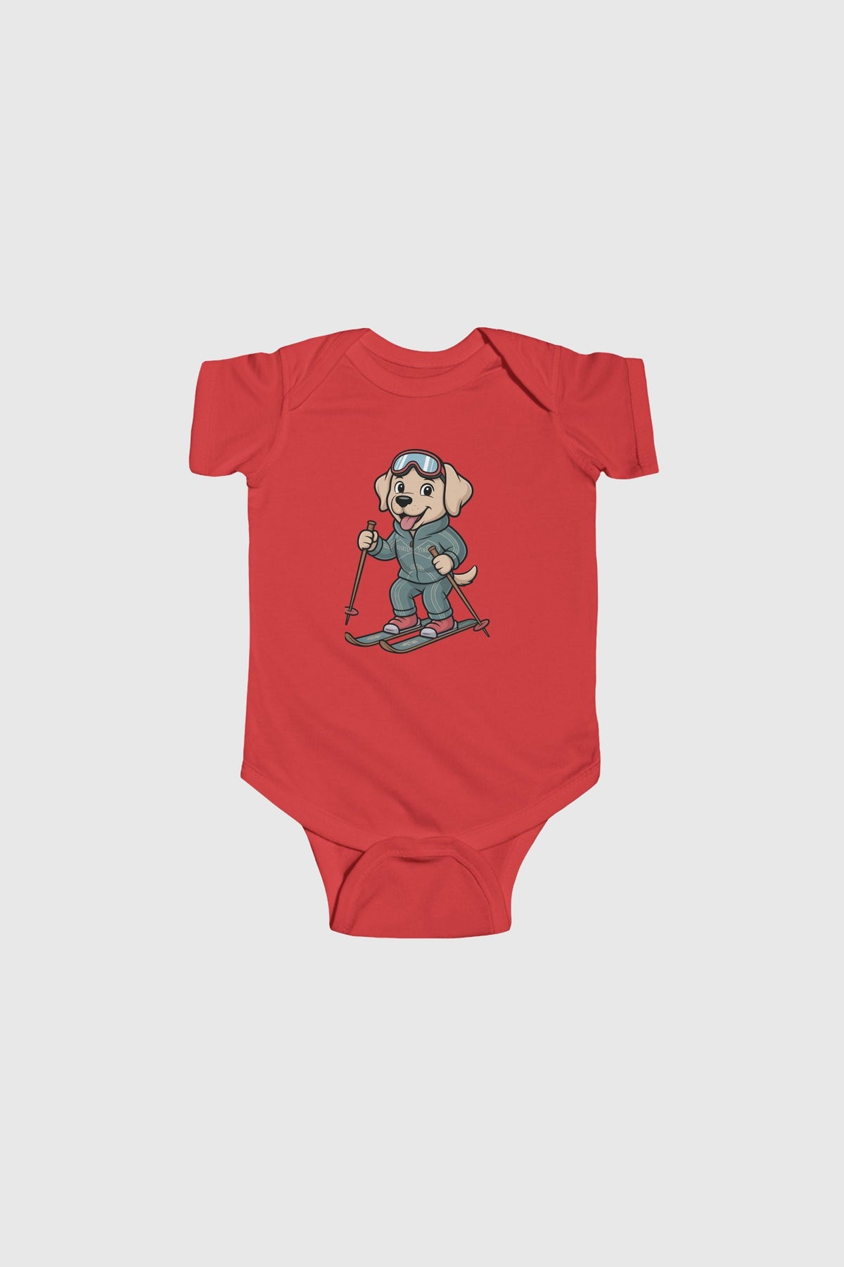 Lavender baby bodysuit with skiing labrador puppy print, snap closure