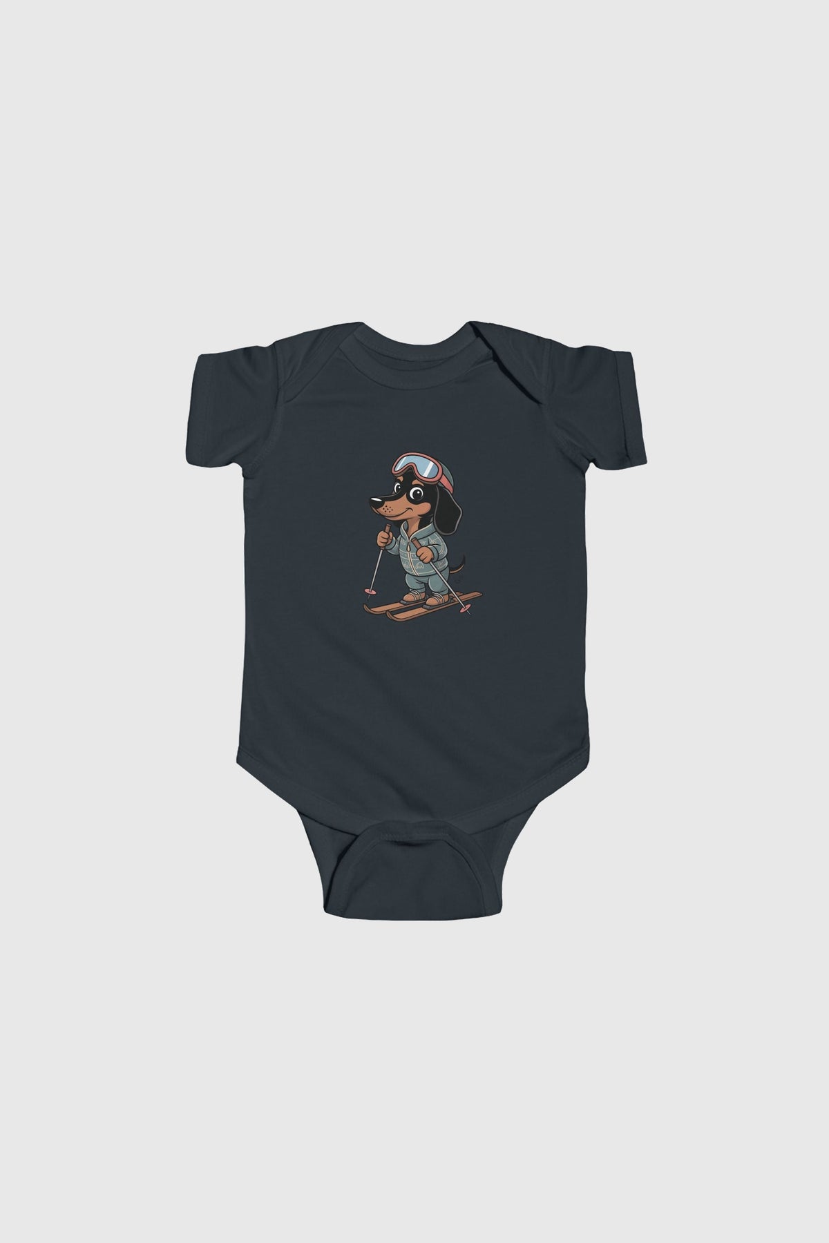 Baby wearing light blue skiing dachshund bodysuit