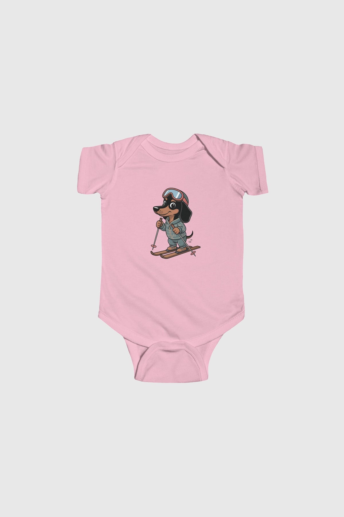 Baby wearing lavender skiing dachshund bodysuit