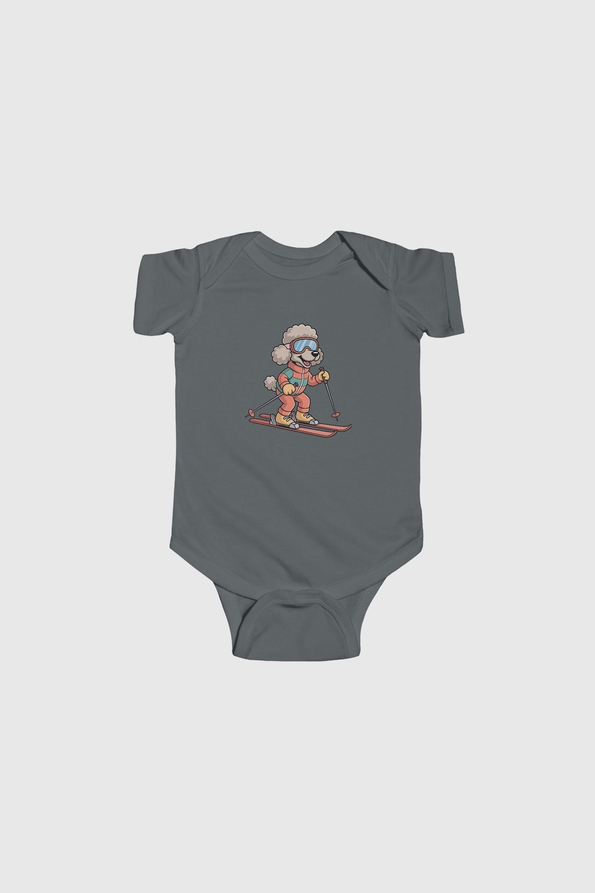 Light blue baby bodysuit with cute skiing poodle print, snap closure