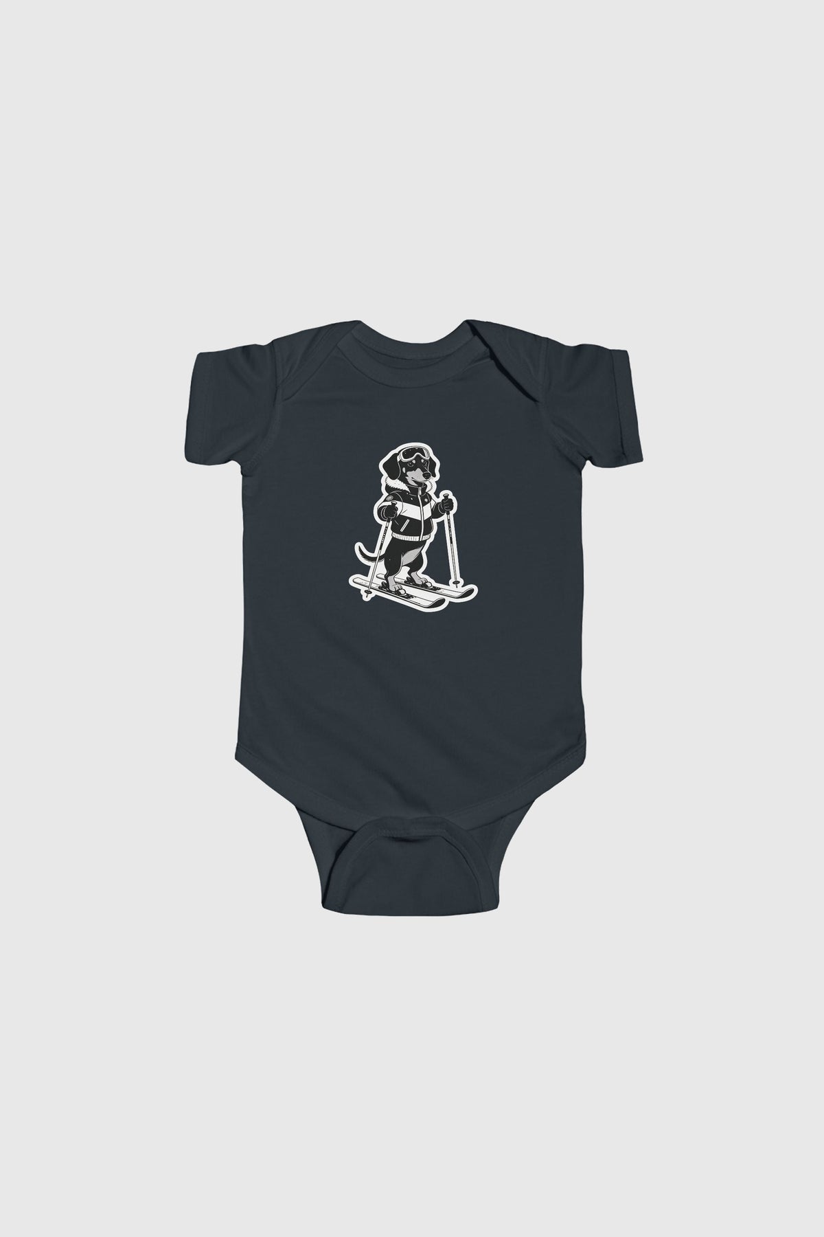 Baby wearing light blue skiing black labrador bodysuit