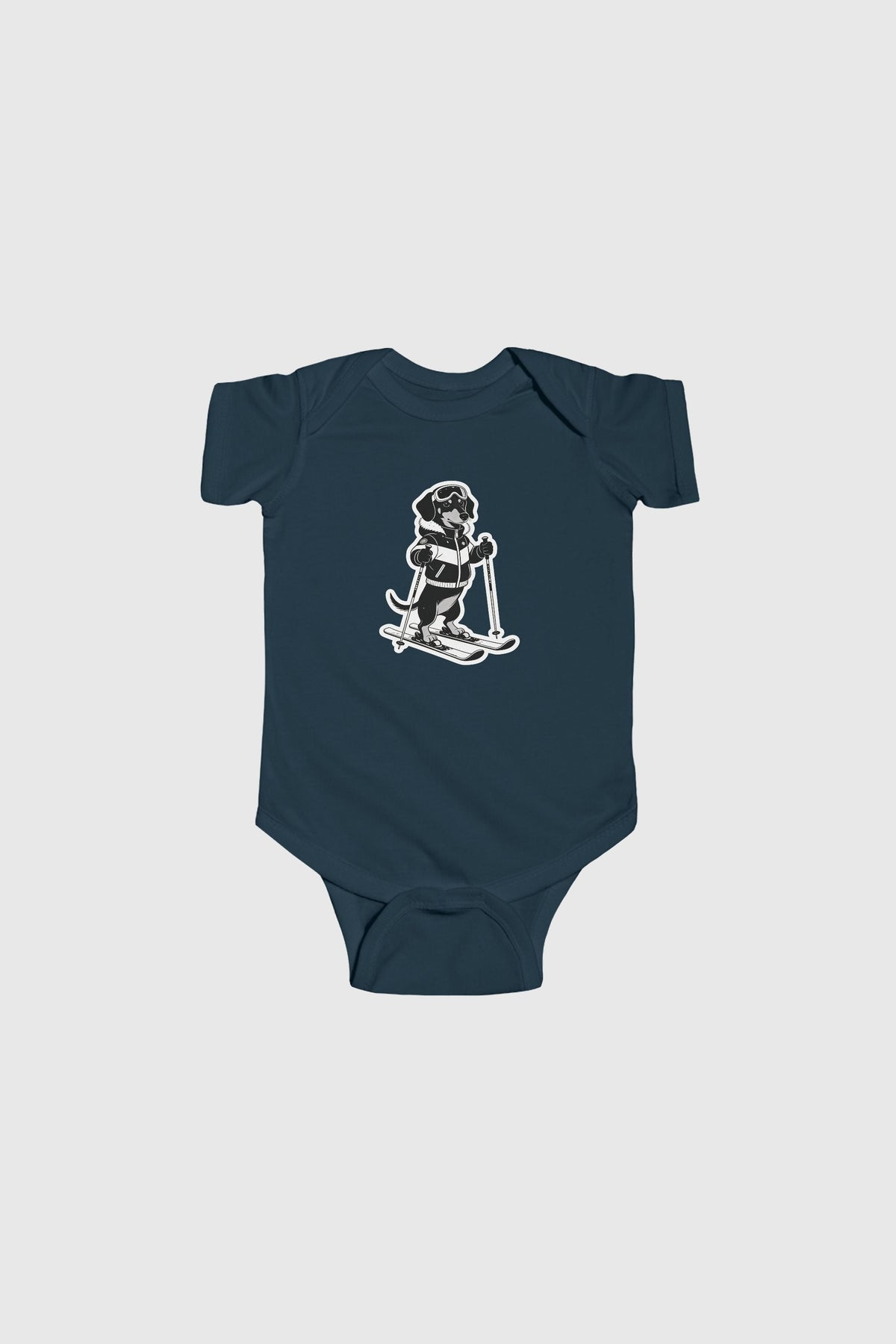 Lavender baby bodysuit with cute skiing black labrador print, snap closure