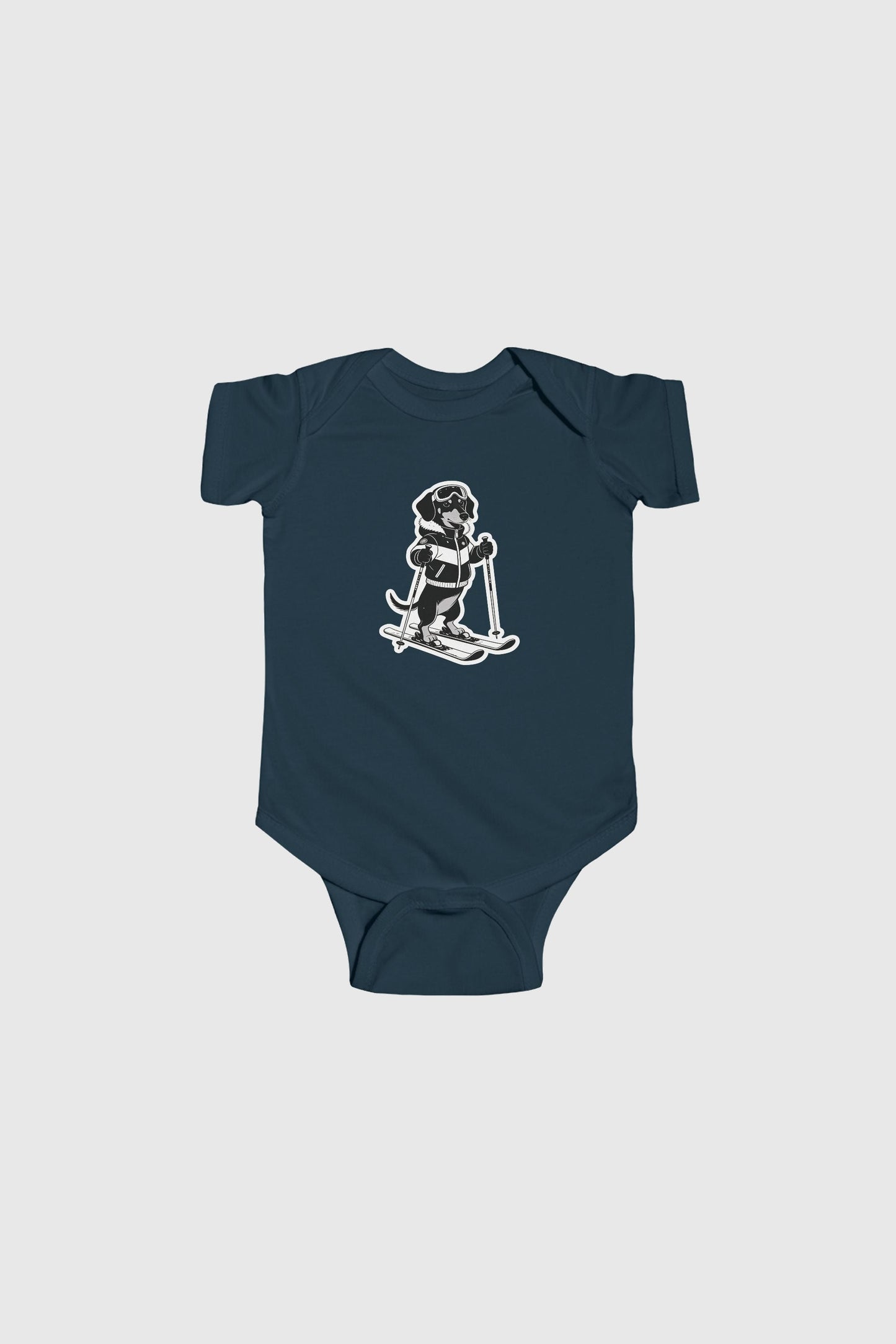 Lavender baby bodysuit with cute skiing black labrador print, snap closure