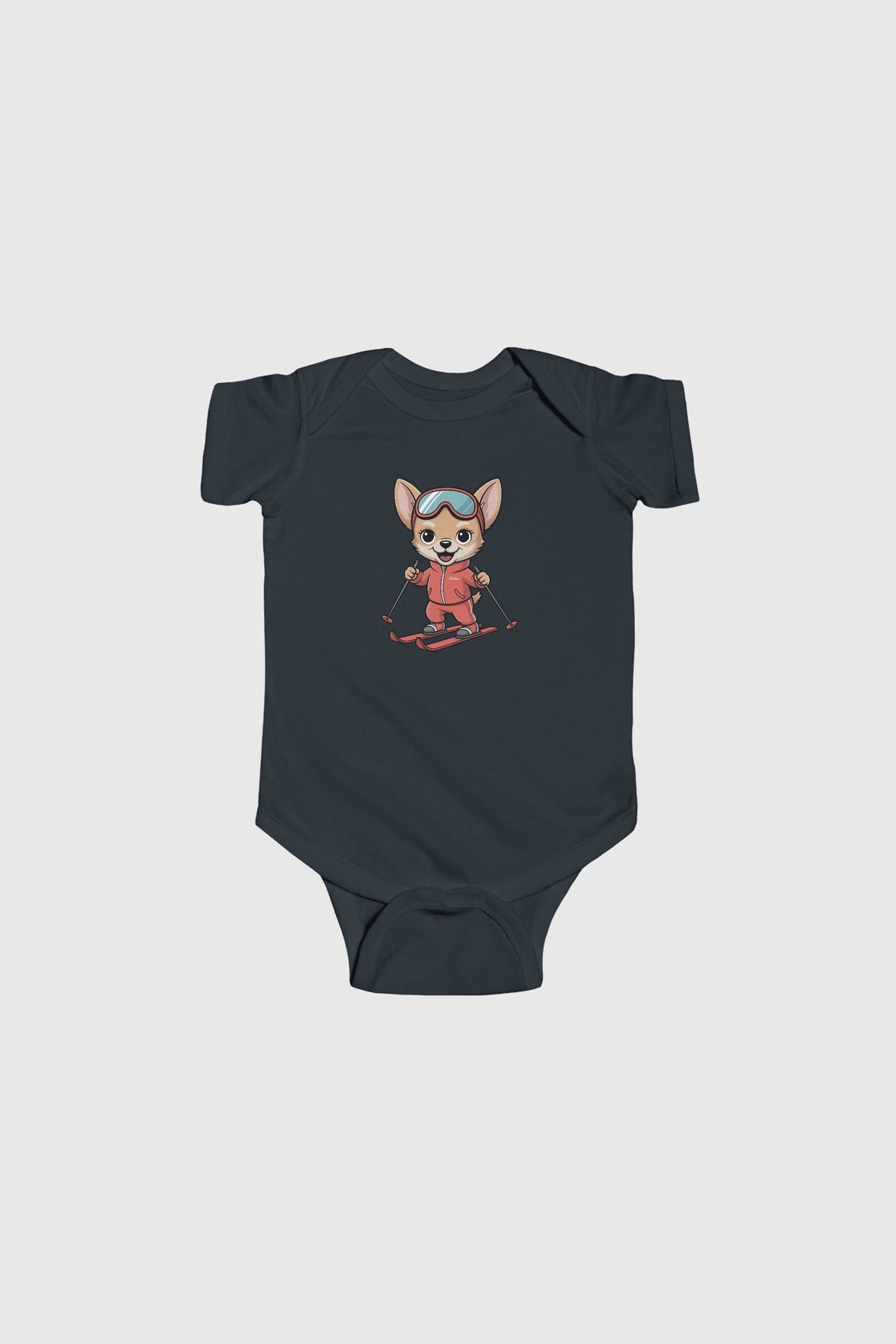 Baby wearing yellow skiing chihuahua bodysuit