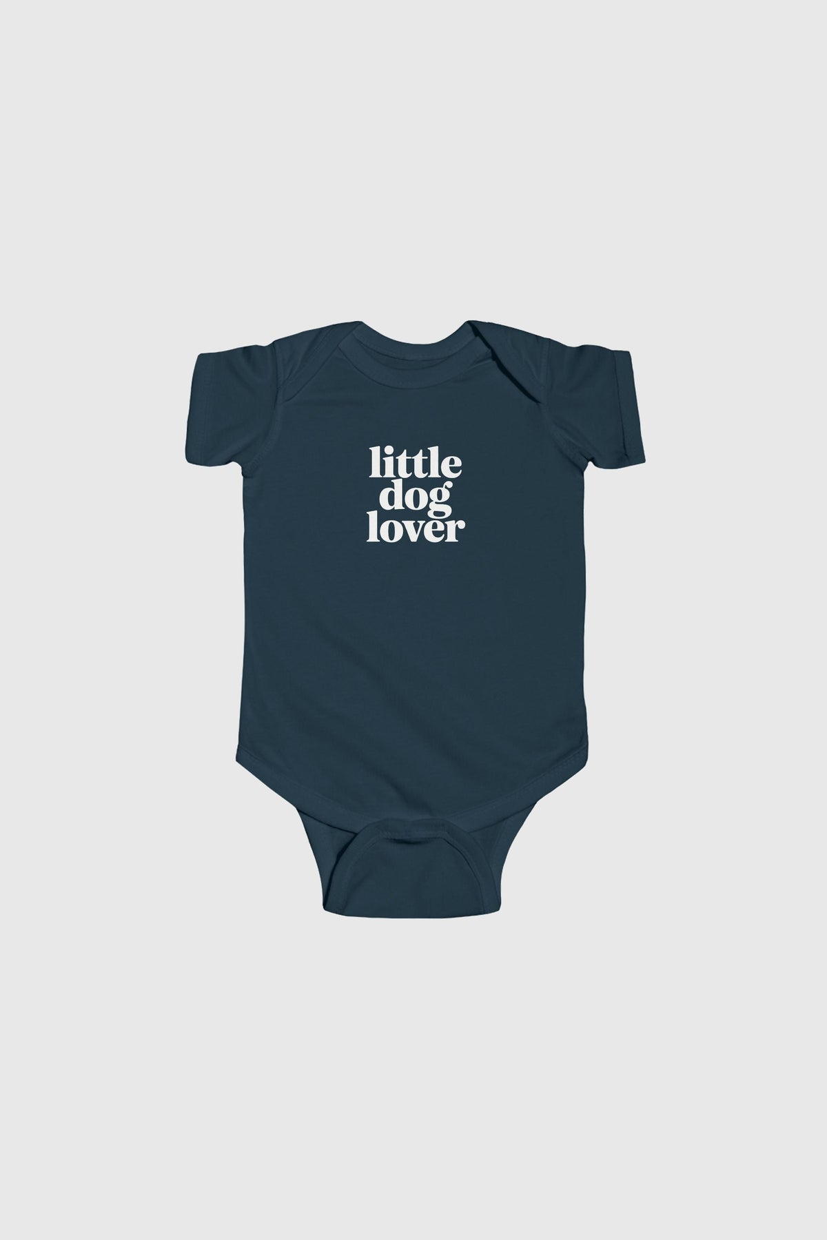 Lavender baby bodysuit with Little Dog Lover print, snap closure
