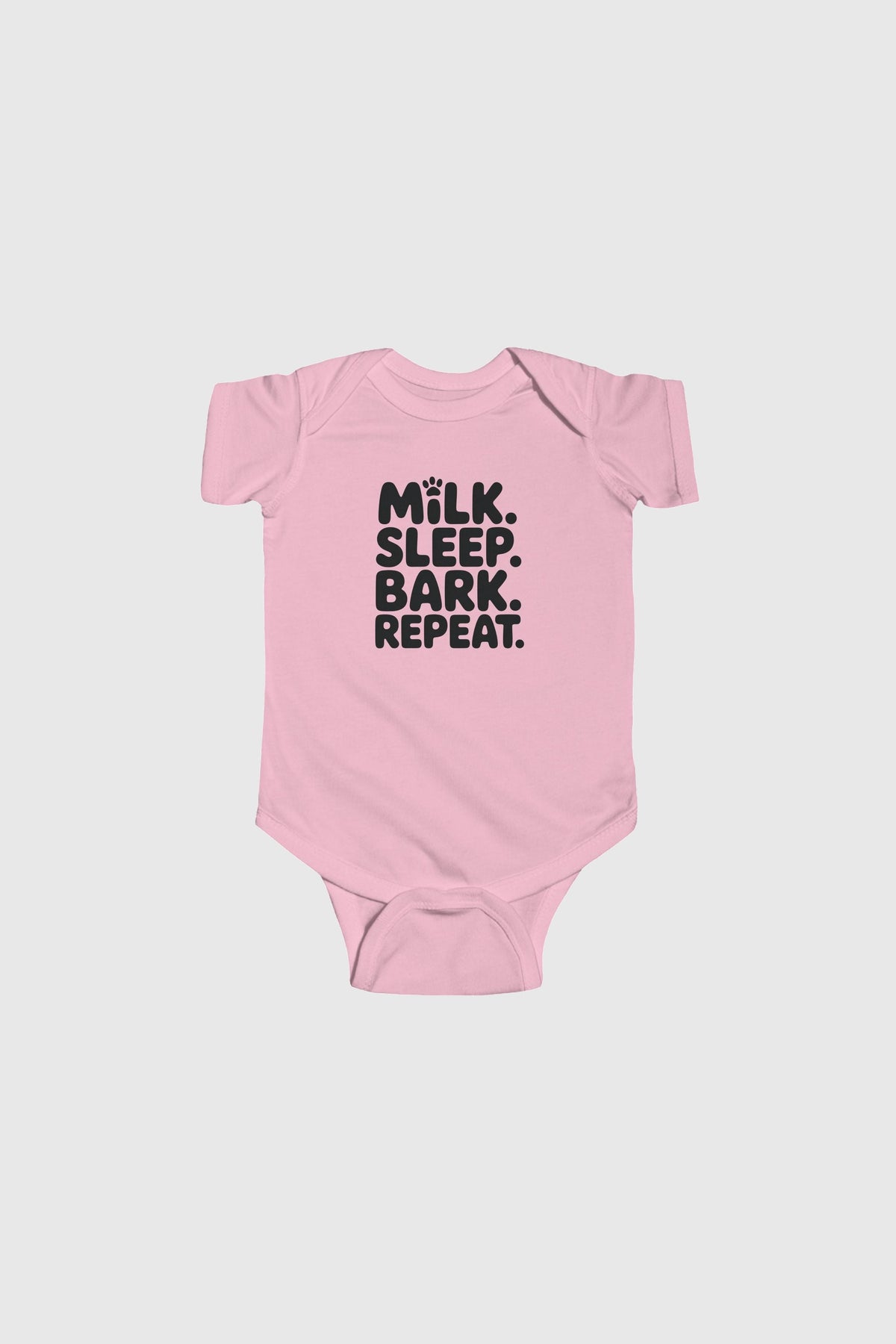 Baby wearing lavender Milk Sleep Bark Repeat bodysuit