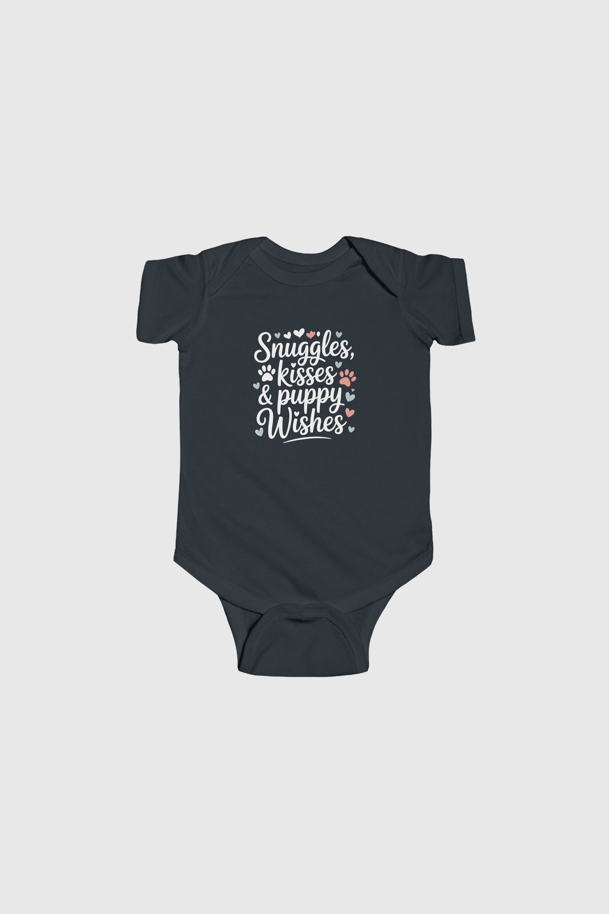 Yellow baby bodysuit with Snuggles Kisses Puppy Wishes print, snap closure