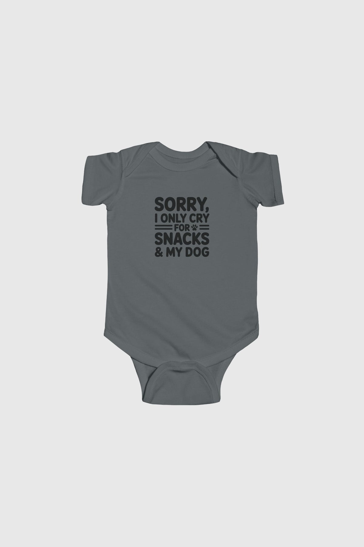 Light blue baby bodysuit with Sorry I Only Cry For Snacks and My Dog print, snap closure