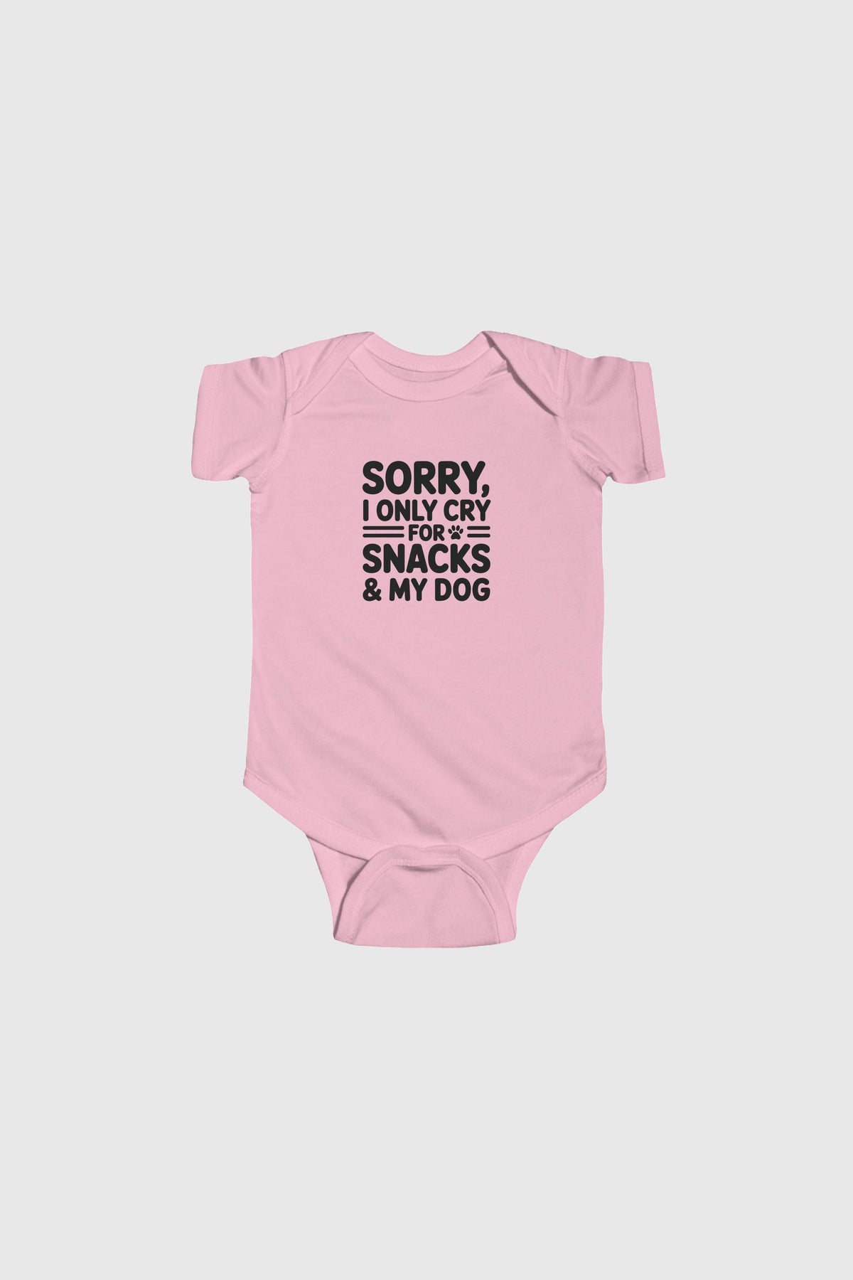 Lavender baby bodysuit with Sorry I Only Cry For Snacks and My Dog print, snap closure