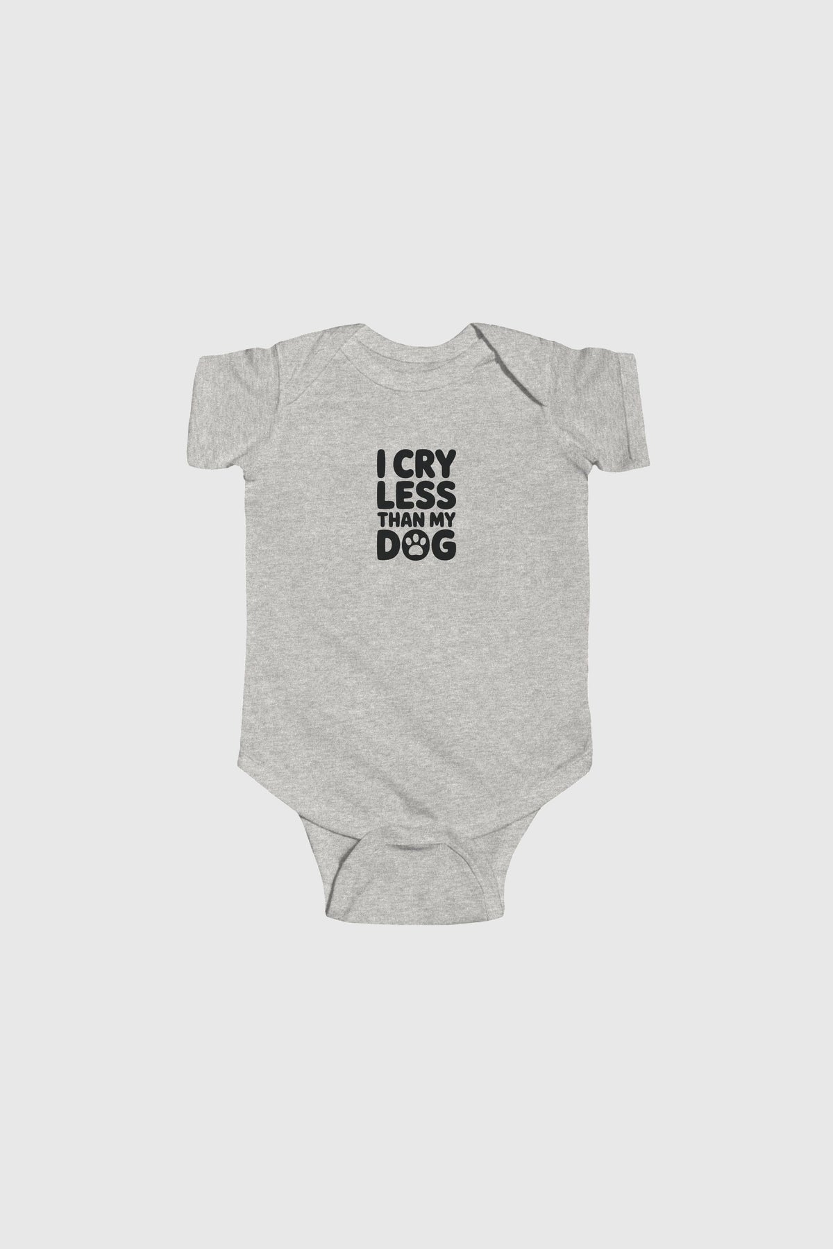 Yellow baby bodysuit with I Cry Less Than My Dog print, snap closure