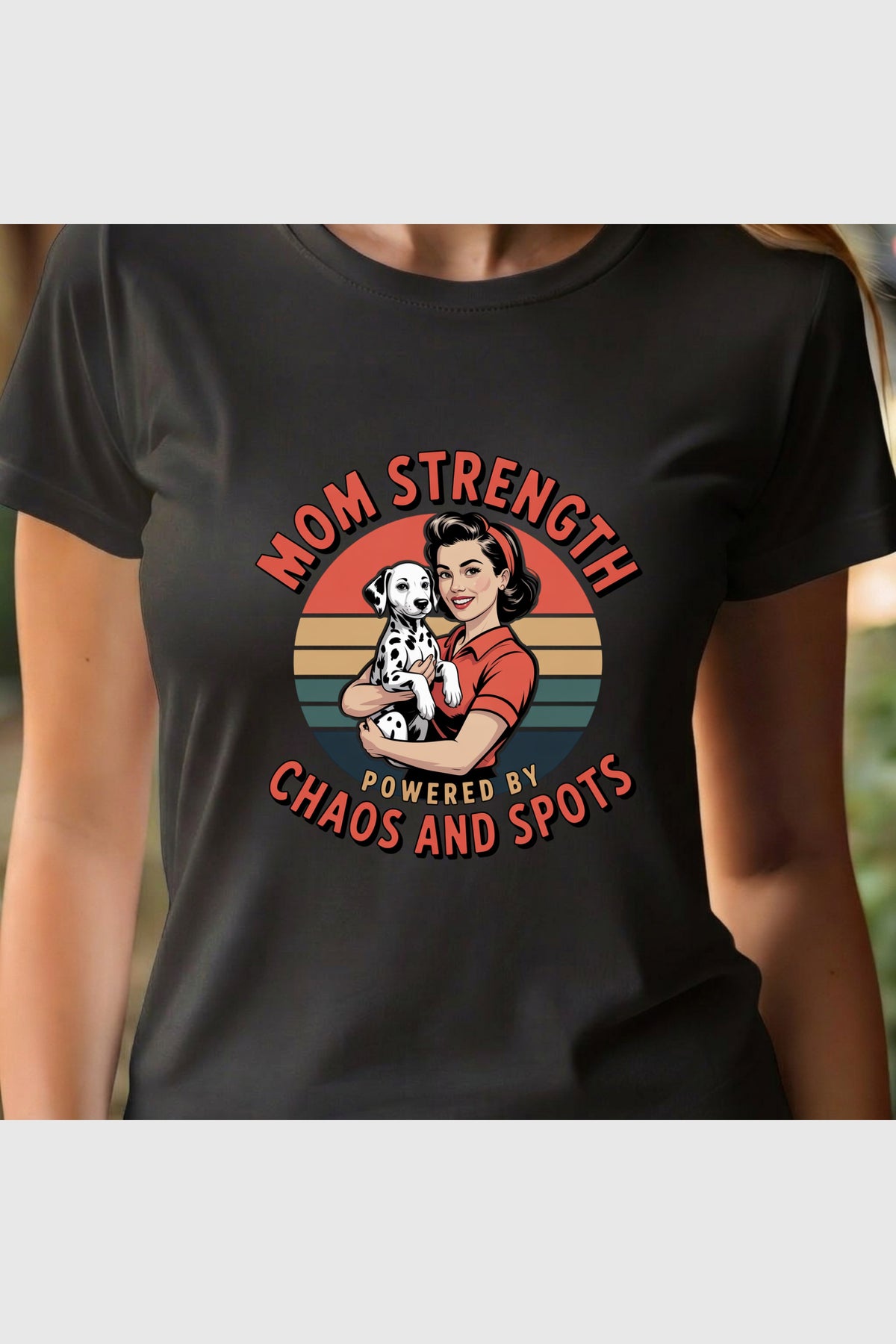Mom Strength Chaos and Spots print close-up on white t-shirt