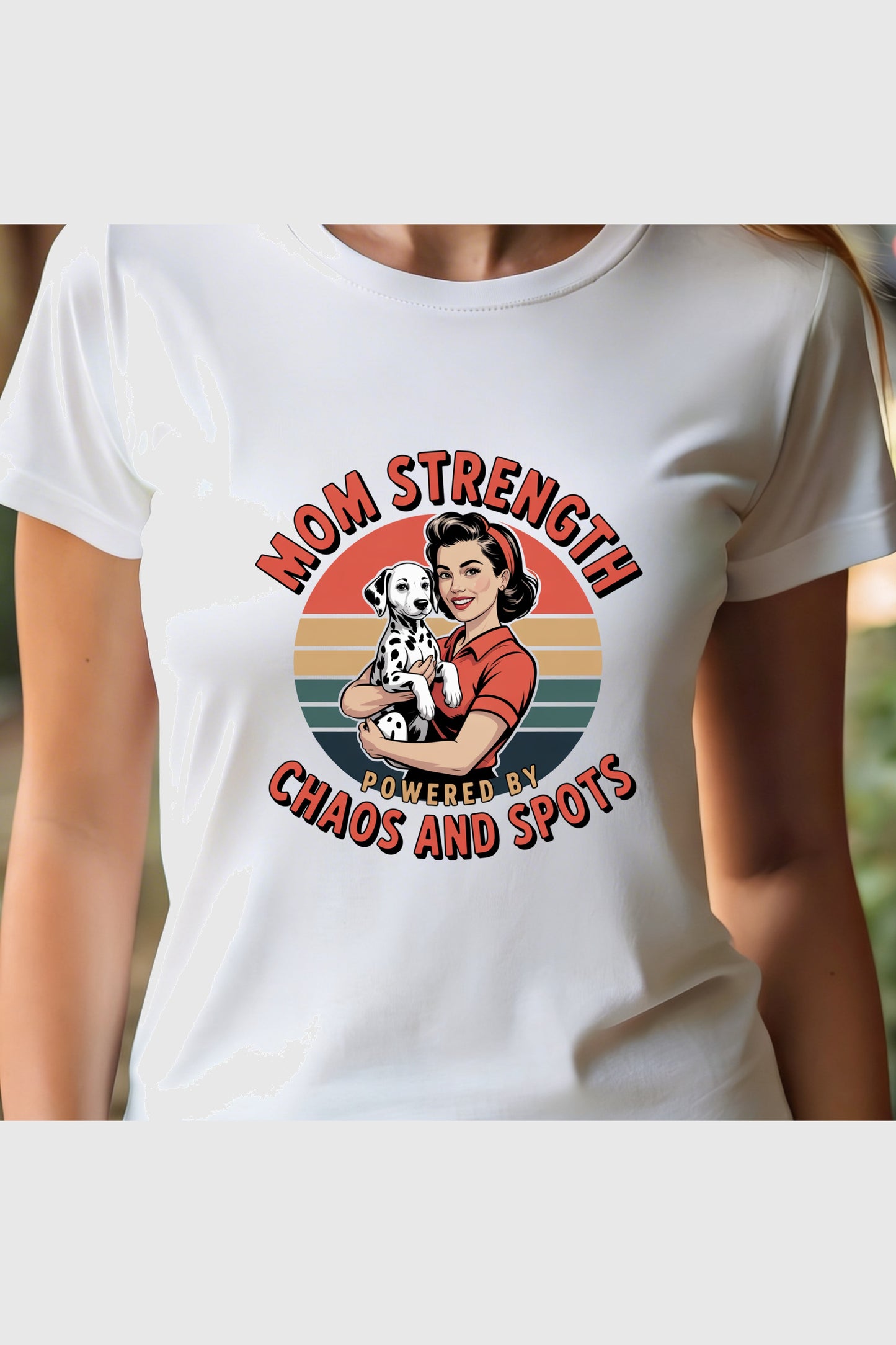 Man wearing black t-shirt with Mom Strength dalmatian print
