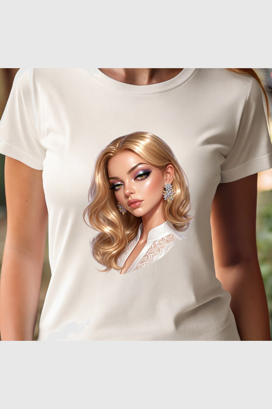Woman wearing white blonde glam portrait t-shirt